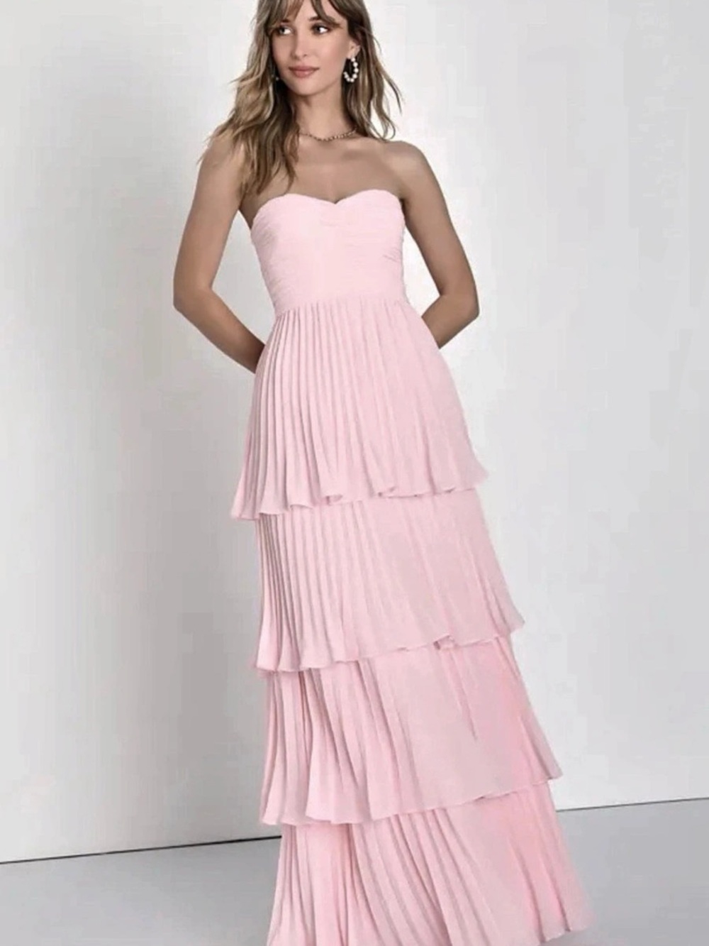 BNWT Lulus Seriously Sensational Light Pink Strapless Tiered Maxi Dress